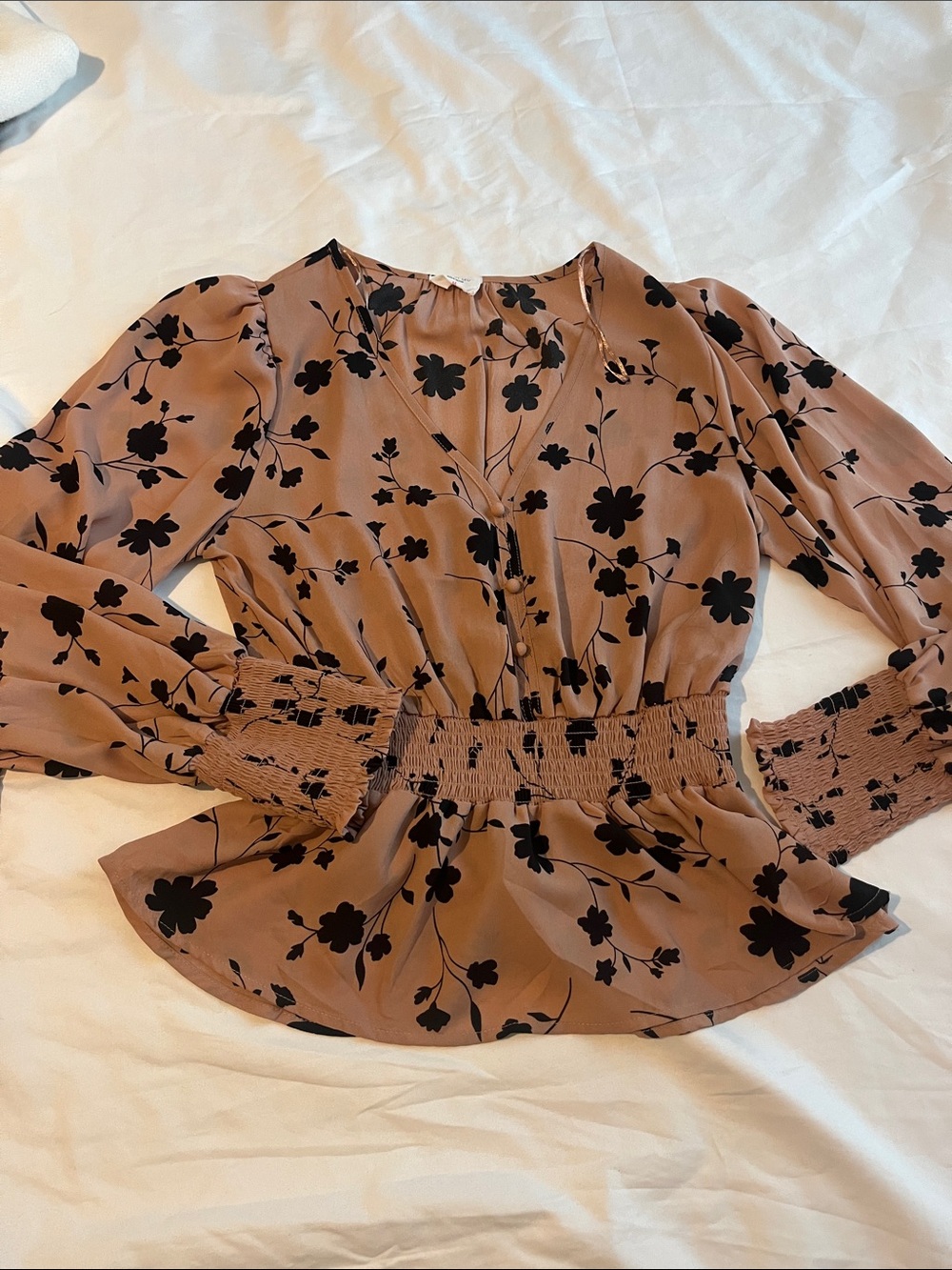 Sienna Sky Brown Floral V-Neck Smocked Waist Blouse